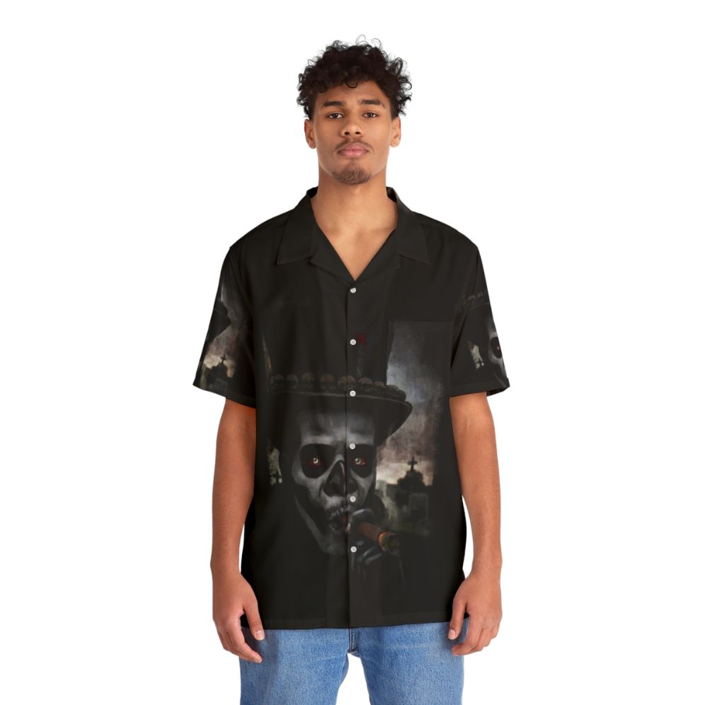 Voodoo-inspired Hawaiian shirt with tropical print and voodoo themed elements - People Front