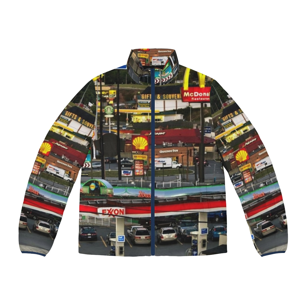 Vintage puffer jacket with Breezewood, PA truckstop and Americana-inspired graphics