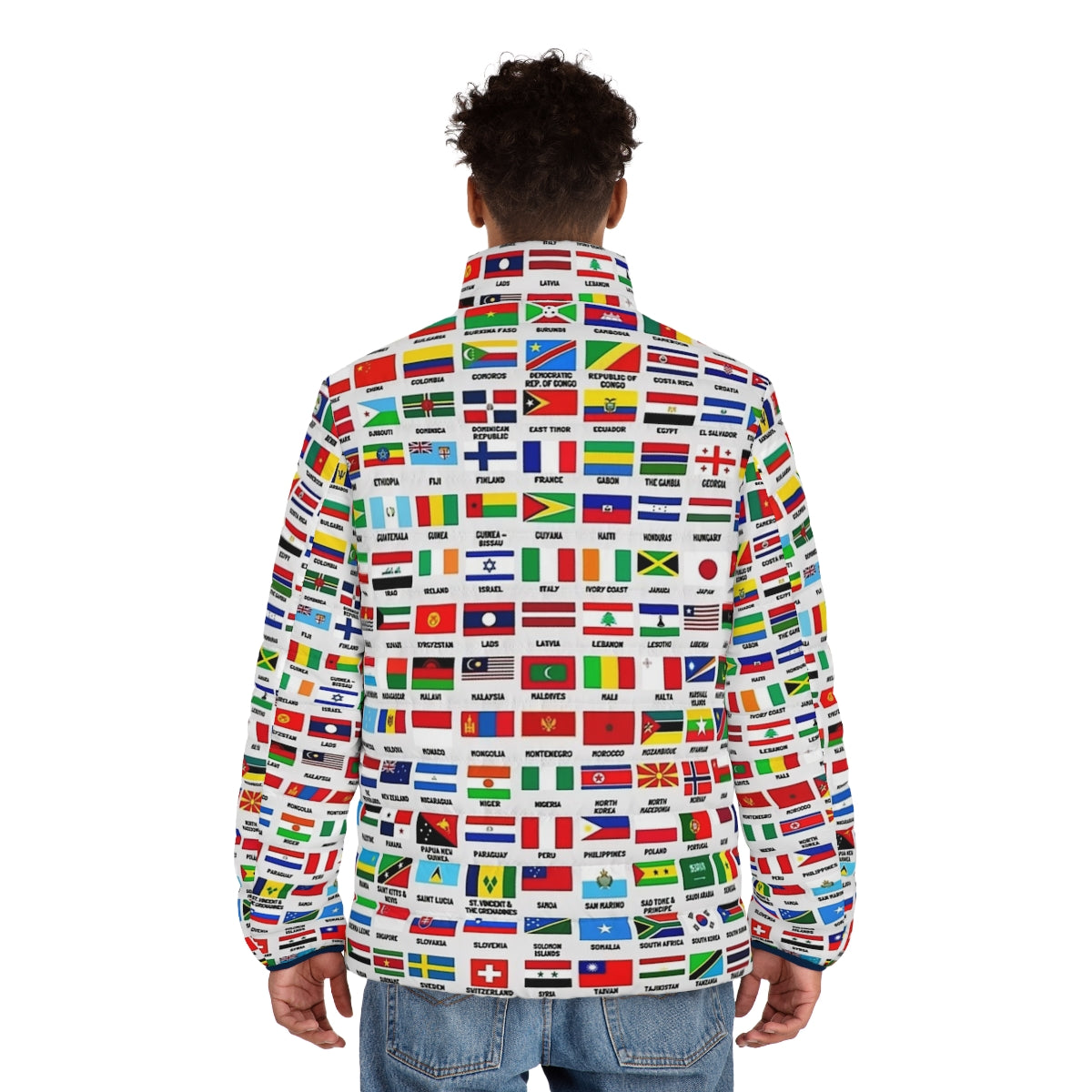 Vintage Flags of the World Puffer Jacket featuring a colorful world map design - men back