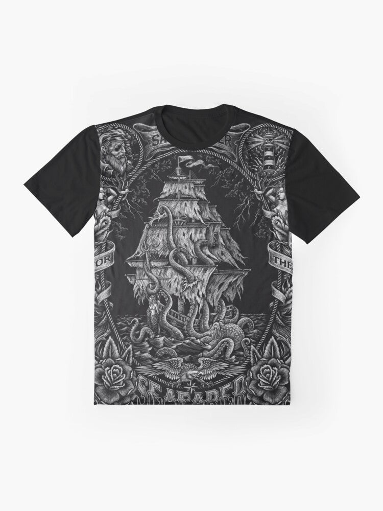 Vintage-style graphic t-shirt featuring a hand-drawn "Prayer for the Seafarer" design with nautical elements like an anchor, octopus, and typography. - Flat lay