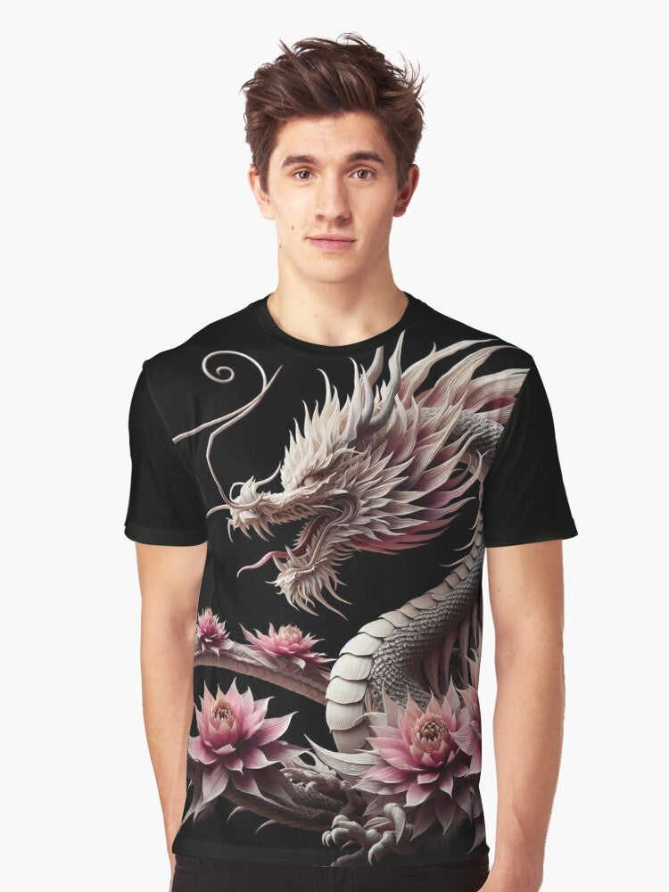 A graphic t-shirt featuring a mythical dragon surrounded by Japanese flowers like cherry blossoms and lotus. - Men