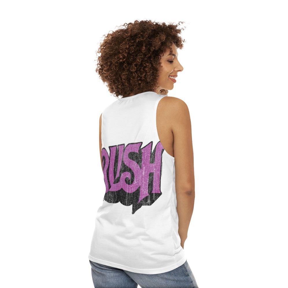 Unisex rush band distressed logo tank top - women back