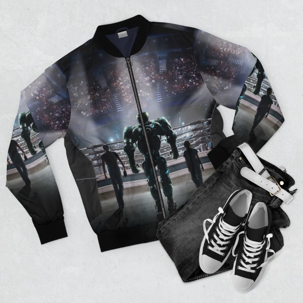 "Real Steel Movie Bomber Jacket - Stylish Movie Merchandise" - Flat lay