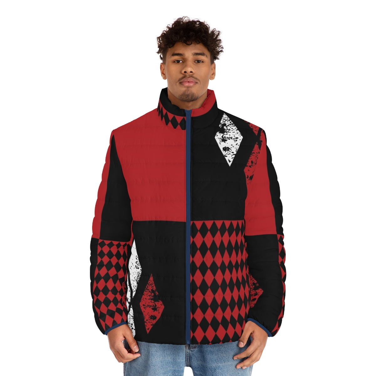 A red, white, and black puffer jacket with diamond patterns, perfect for a Harley Quinn-inspired look. - men front