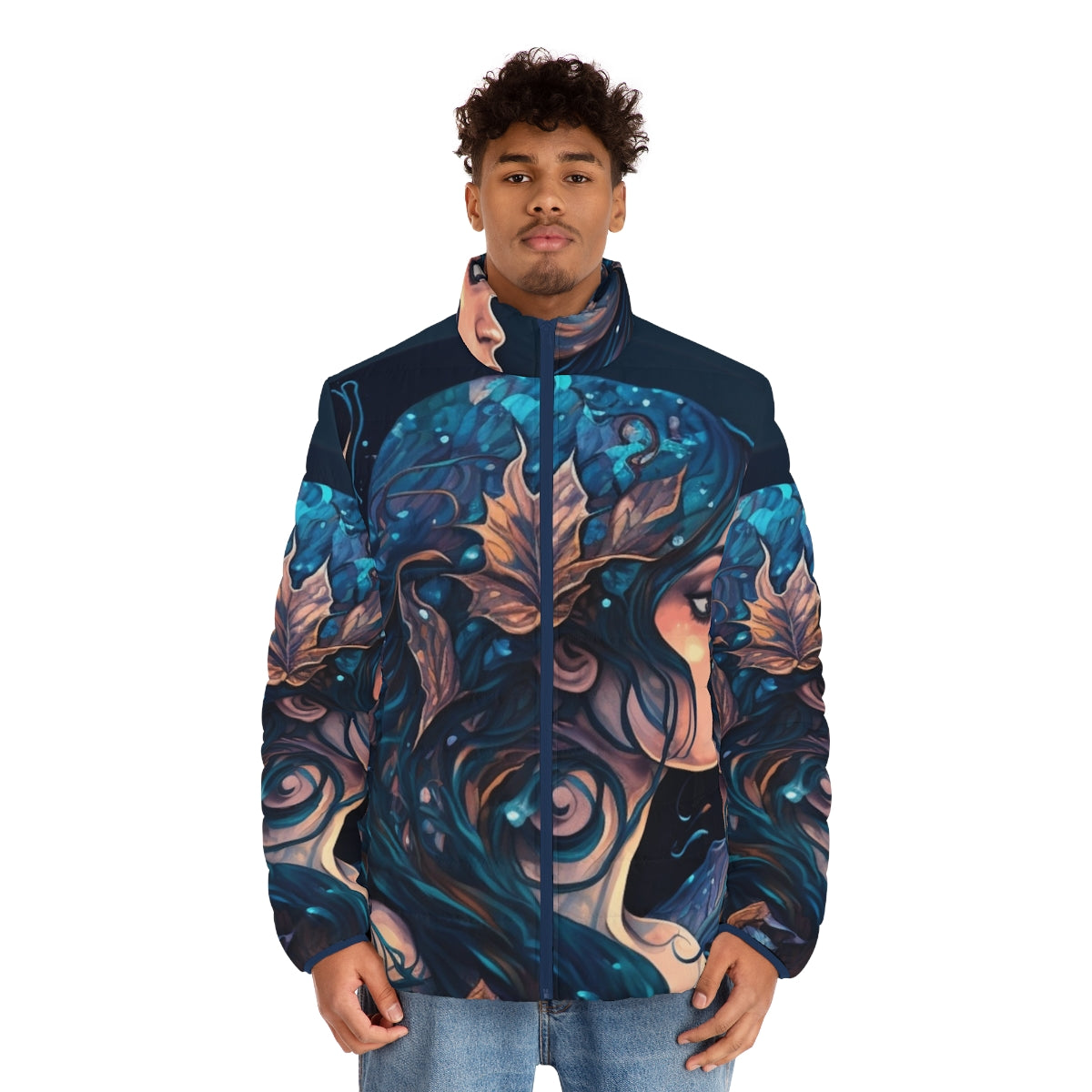 Mythical sea creatures puffer jacket featuring fantastical designs - men front