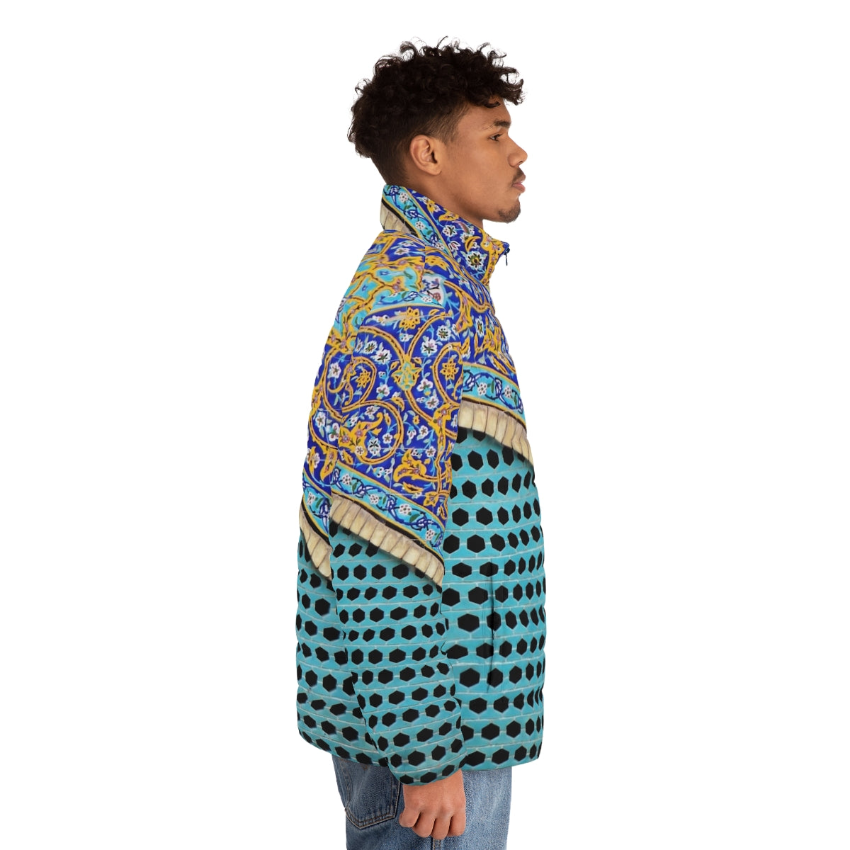 Persian tiles puffer jacket with mosaic pattern and arch design - men side right