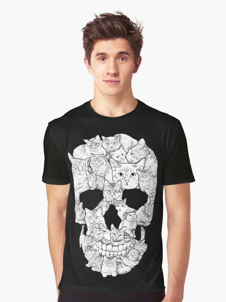 A black t-shirt featuring a graphic design of a cat skull, perfect for horror and gothic fans. - Men