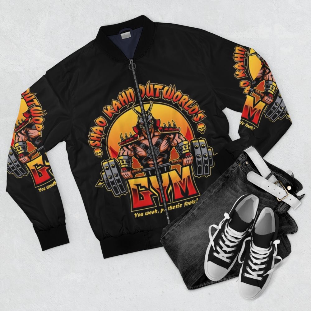 Shao Kahn's Gym Bomber Jacket - Mortal Kombat Fitness Wear with Scorpion and Sub-Zero designs - Flat lay