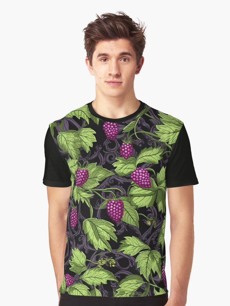 Vintage-style graphic t-shirt featuring vibrant marionberries and botanical elements in a whimsical, bohemian design. - Men