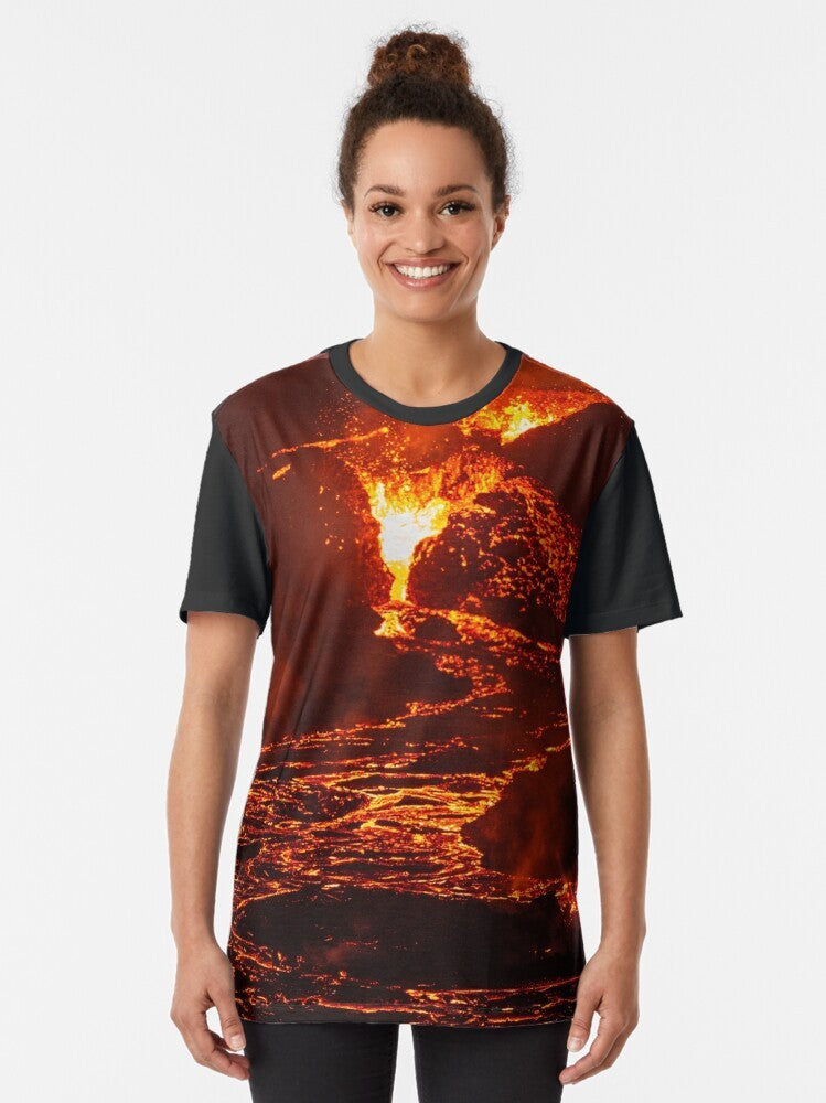 Graphic t-shirt featuring a lava crater flow at night in Iceland on April 20th, 2021 - Women