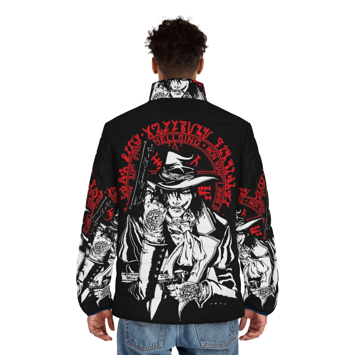 Hellsing Alucard anime character depicted on a puffer jacket - men back