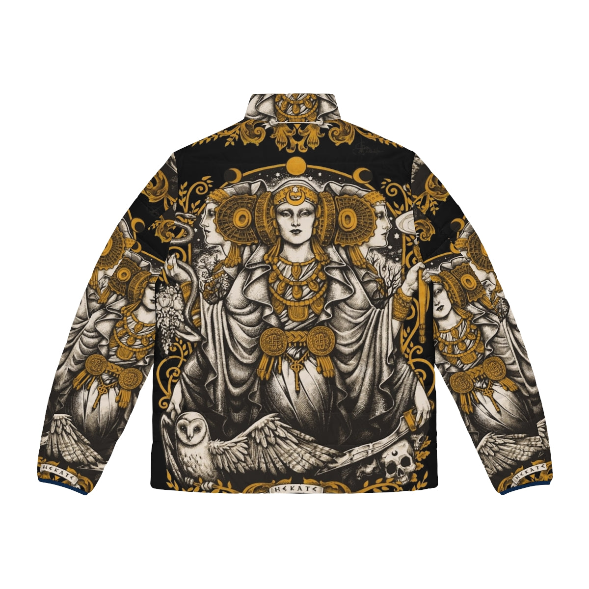 Iberian Hecate Puffer Jacket - Enchanting winter outerwear featuring the legendary Lady of Elche - Back