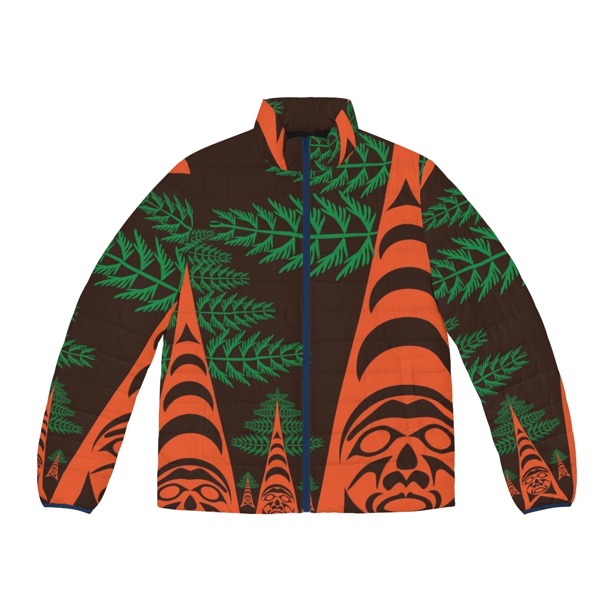 Cedar Forest Native Art Puffer Jacket with Indigenous Tribal Designs