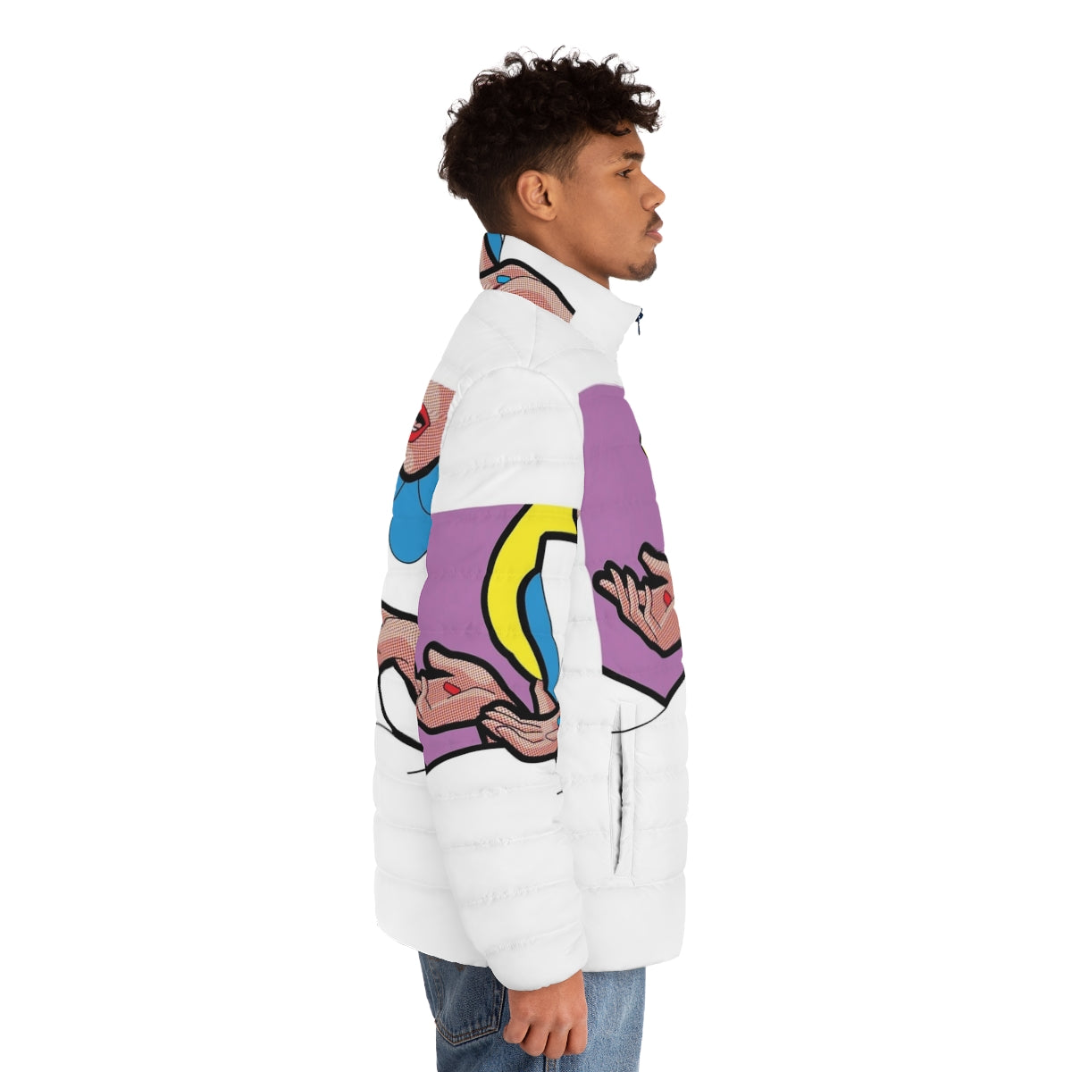 Down the Rabbit Hole Puffer Jacket featuring Alice in Wonderland inspired designs - men side right