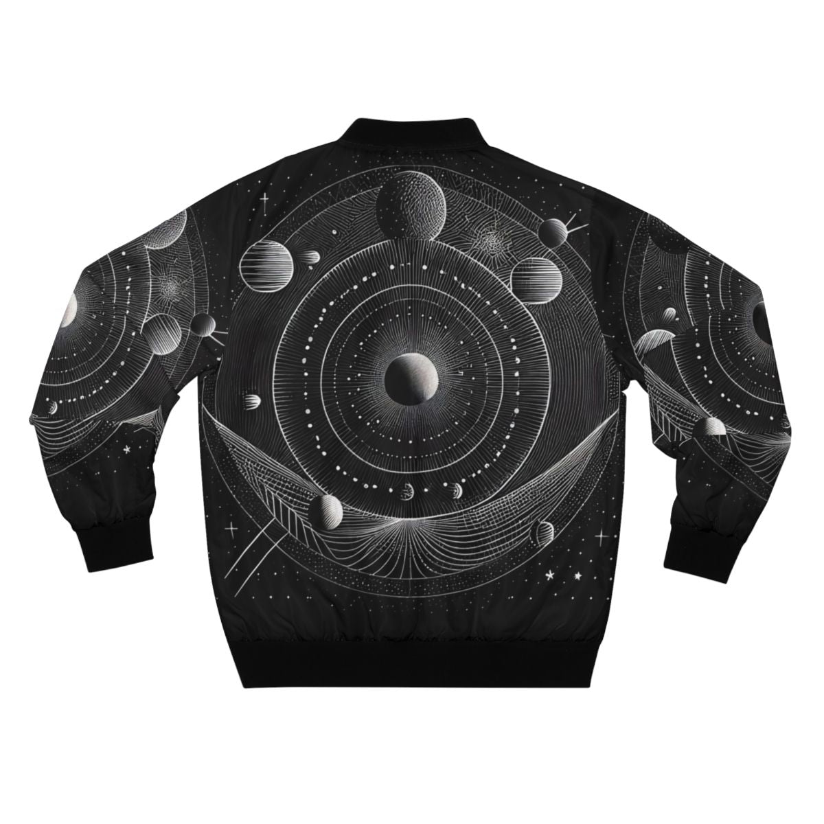 Bomber jacket with a geometric solar system design in black and white - Back