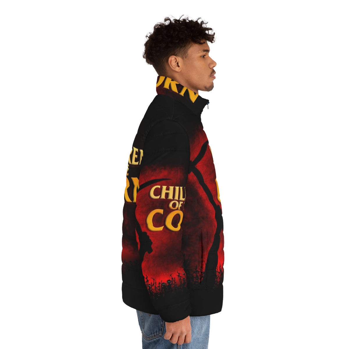 "Children of the Corn" inspired puffer jacket with horror movie imagery - men side right