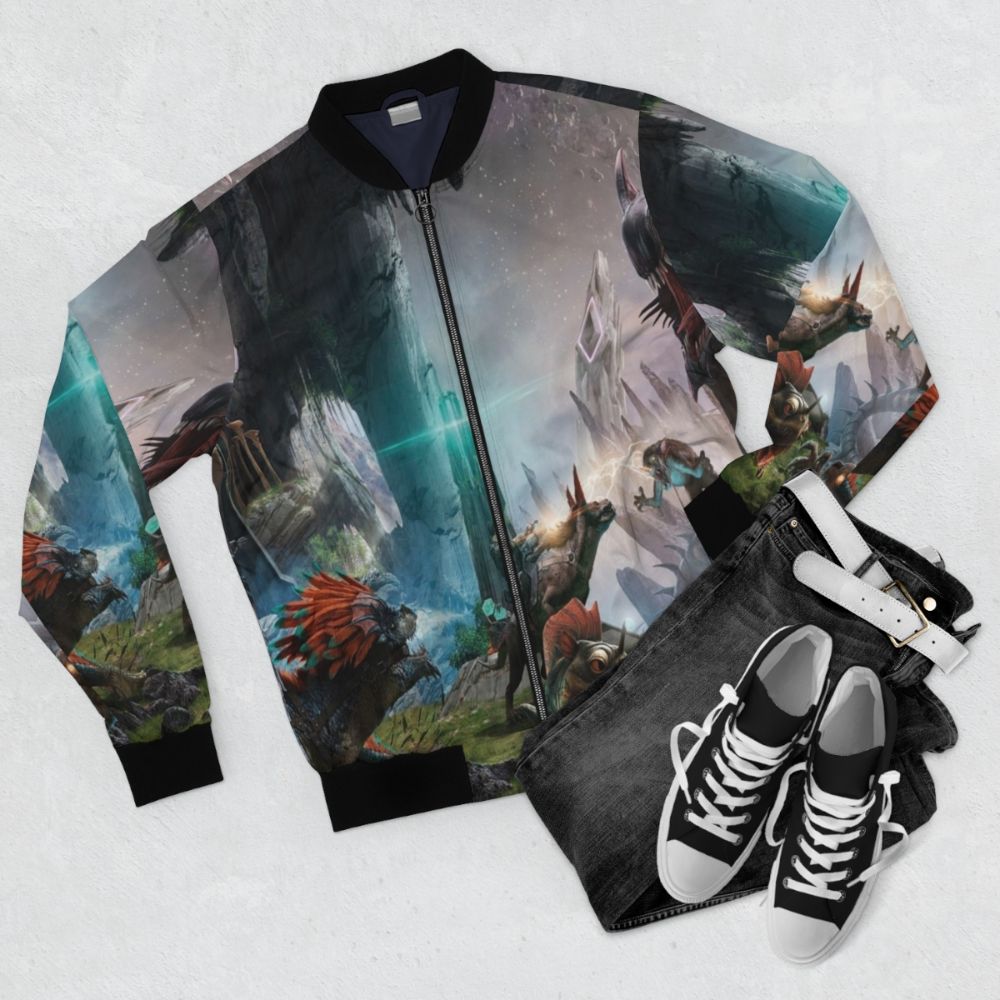 Ark Survival Evolved bomber jacket with dino fight graphic - Flat lay