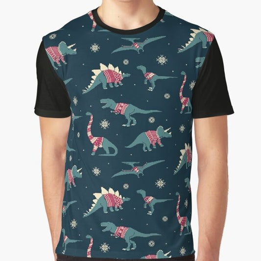 Graphic tee featuring cute dinosaurs wearing festive holiday sweaters