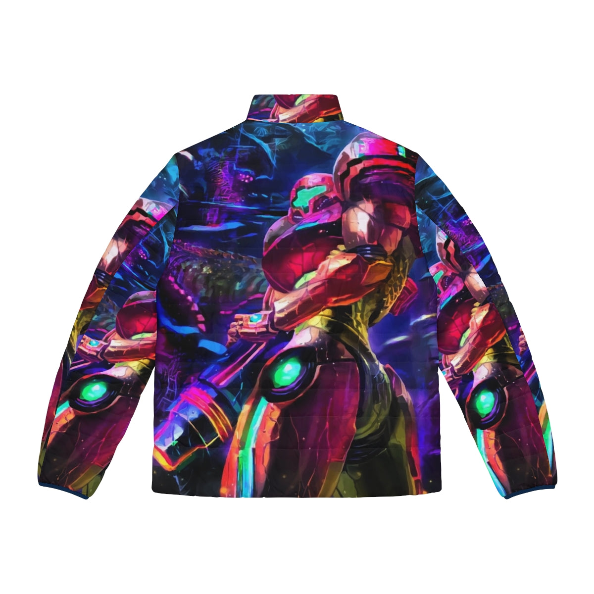 Samus Aran inspired Metroid puffer jacket featuring retro video game design - Back