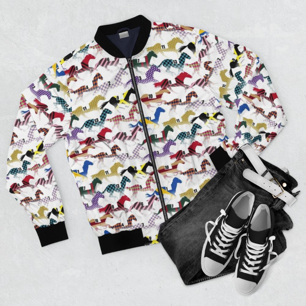 Colorful horse racing pattern bomber jacket with jockey silks design - Flat lay