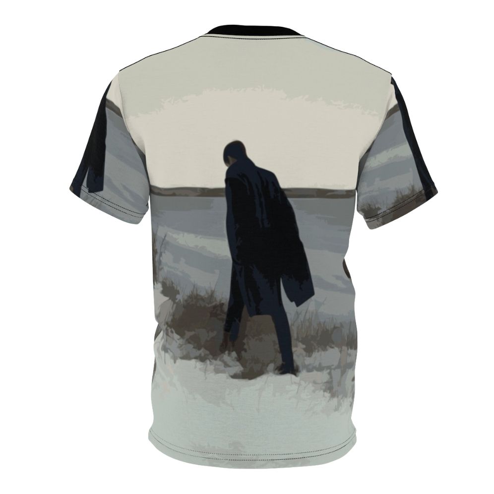 A t-shirt design featuring a minimalist figure in a coat, inspired by the emotional and introspective music of British singer-songwriter James Blake. - Back