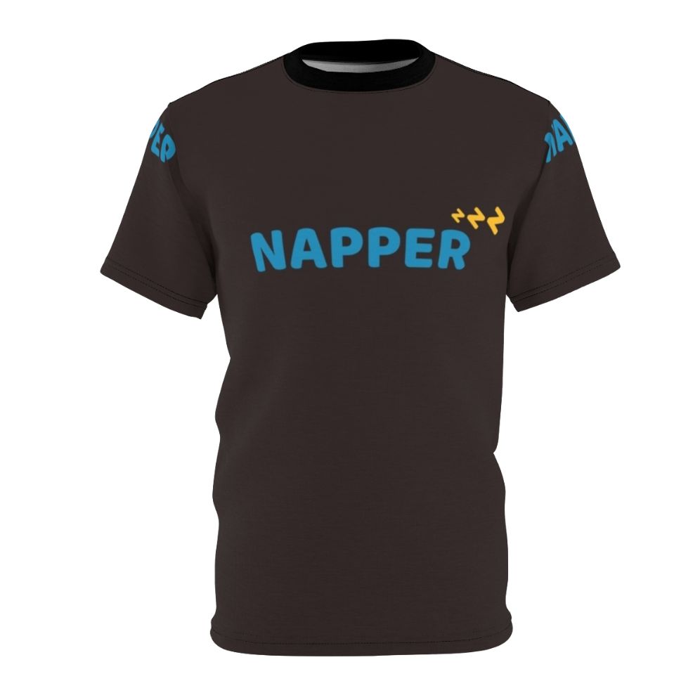 A comfortable all-over print t-shirt featuring the text "Naps Fix Everything Hobbies Include Napping"