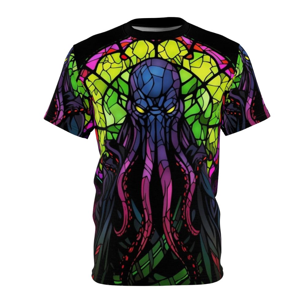 A dark, eldritch design featuring a Mindflayer from Dungeons & Dragons on a stained glass background.