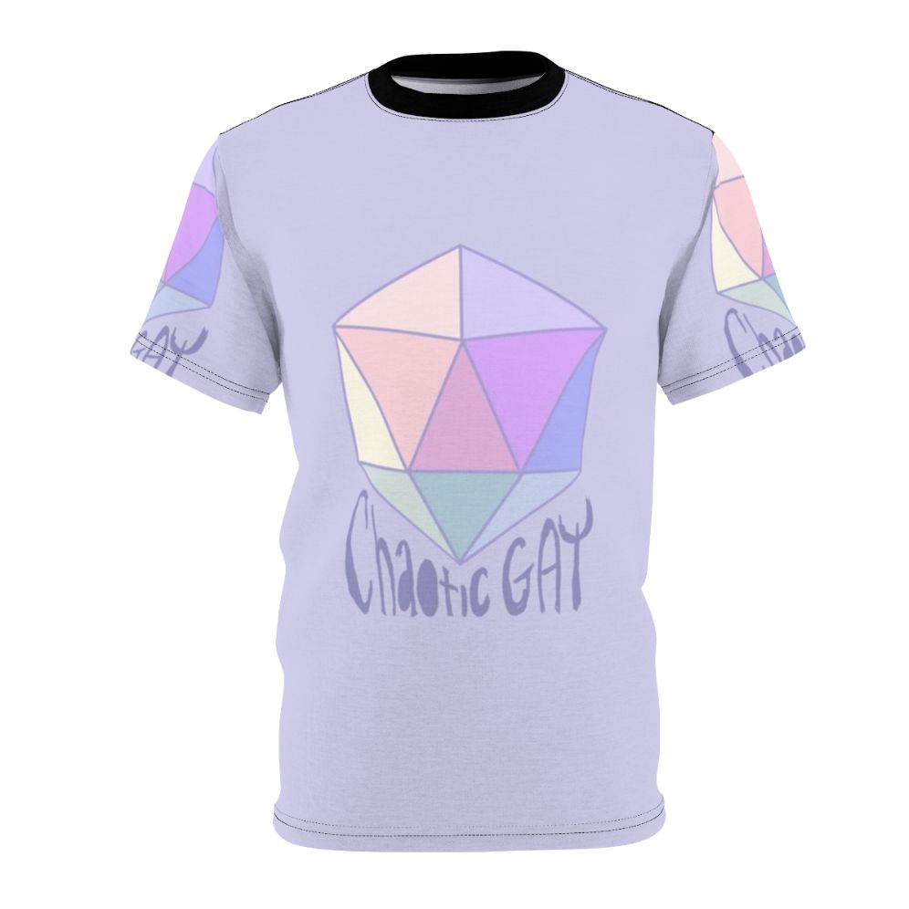 Colorful AOP t-shirt featuring a chaotic gay or lesbian-themed design for tabletop RPG fans