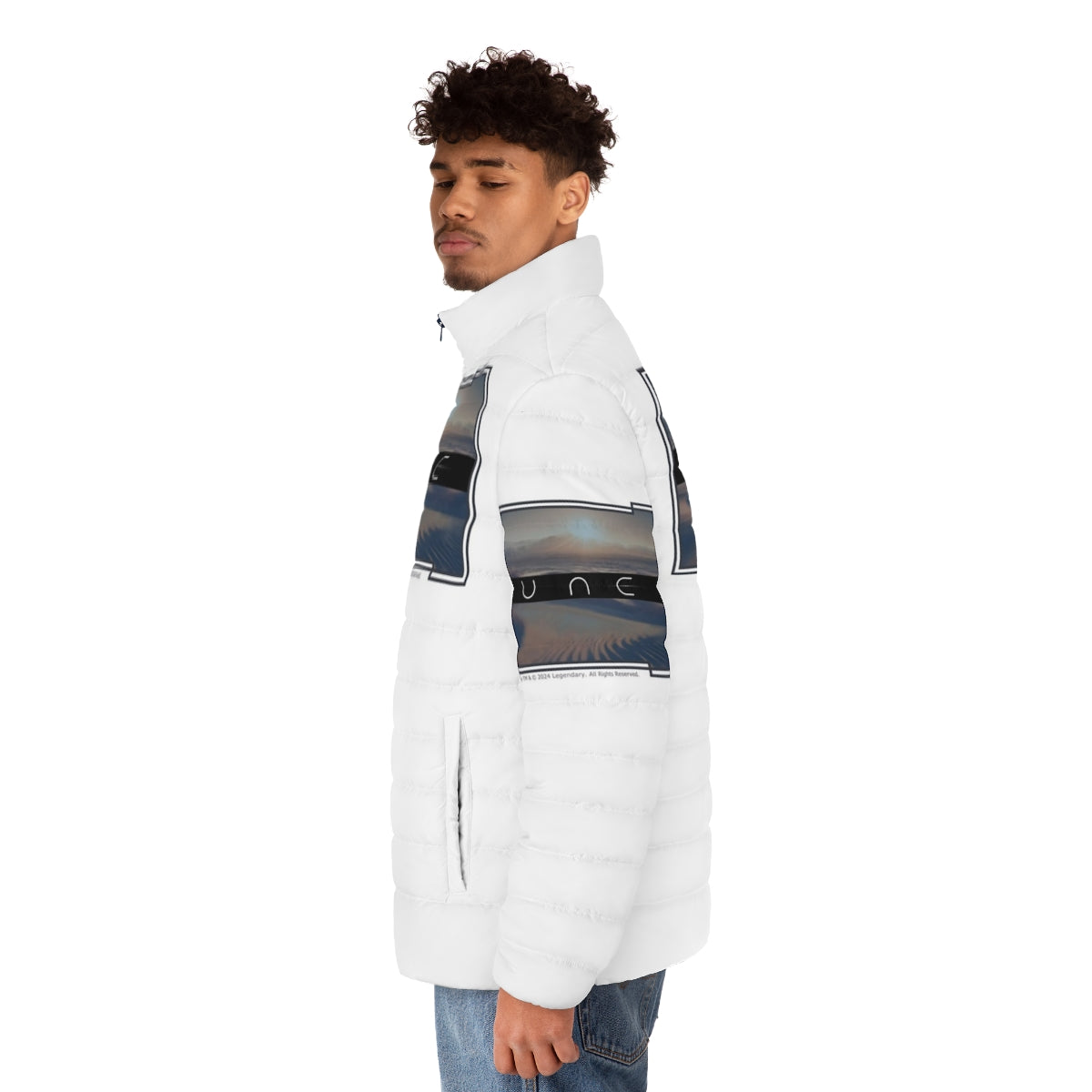 Dune-inspired puffer jacket with a white background - men side left