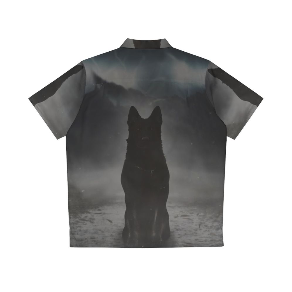 A black German shepherd dog silhouette in a foggy, dark night scene - Back