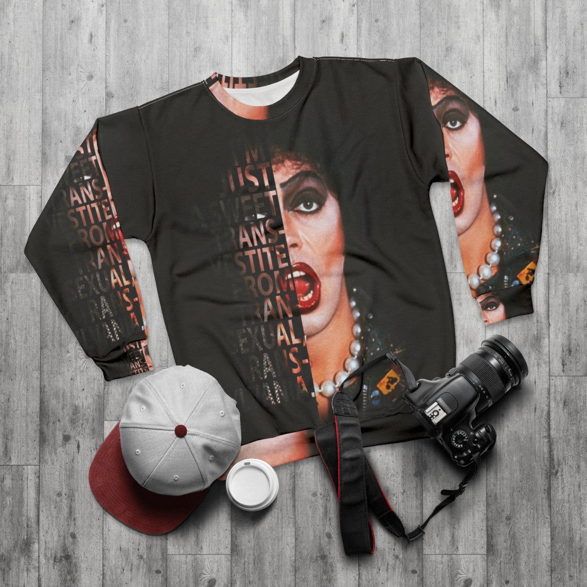 Frank N Furter Sweatshirt - Rocky Horror Picture Show Cult Classic Merchandise - flat lay