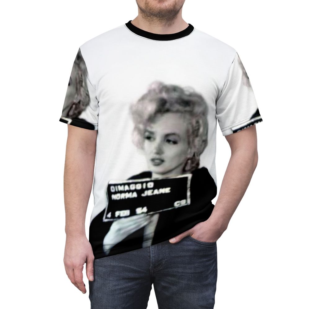 Vintage inspired t-shirt featuring an iconic mugshot of the famous blonde actress Marilyn Monroe - men front