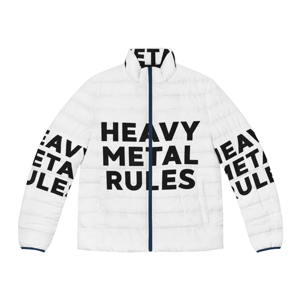 Heavy Metal Rules Raglan Baseball Puffer Jacket featuring a bold graphic design for metalheads