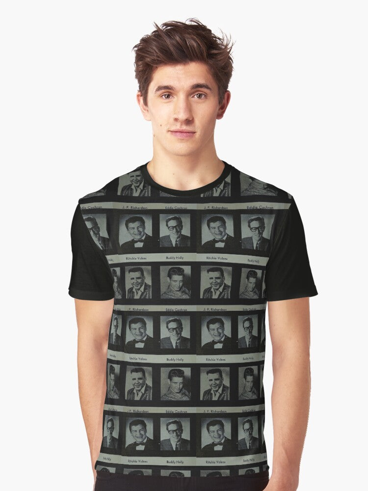 Graphic t-shirt featuring rock n roll legends Buddy Holly, Ritchie Valens, Eddie Cochran, and The Big Bopper. - Men