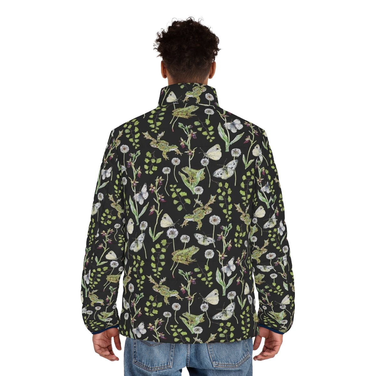 Puffer jacket with watercolor illustration of spring frogs and orchids - men back