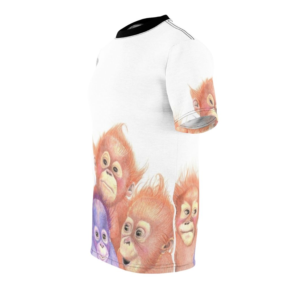 Orangutan baby in orange and purple print on t-shirt - men left