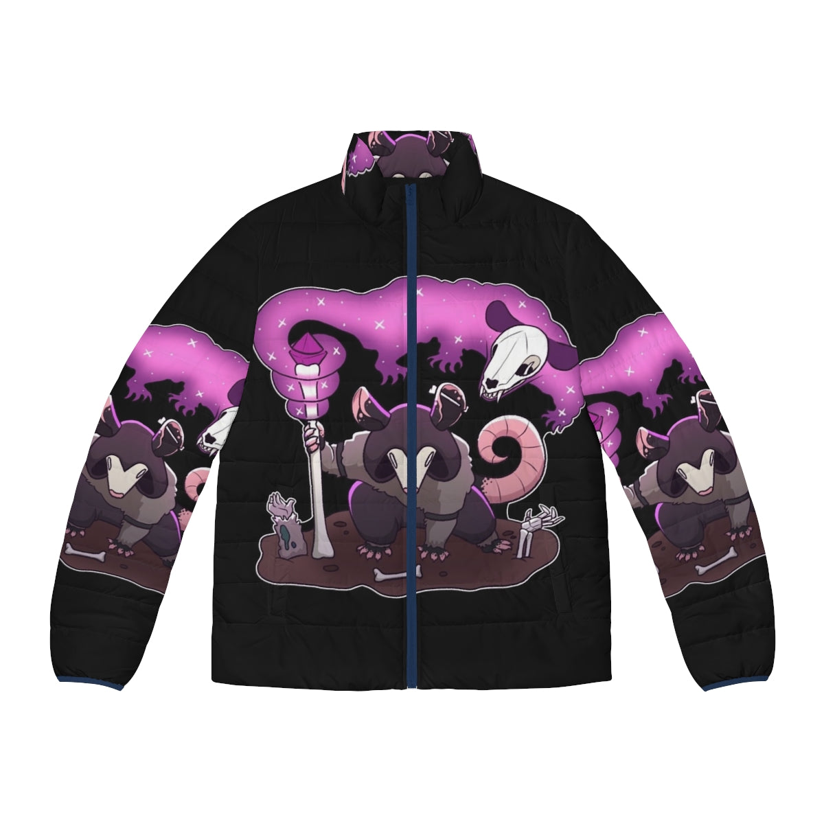 A dark and mystical puffer jacket featuring an opossum design with necromantic elements