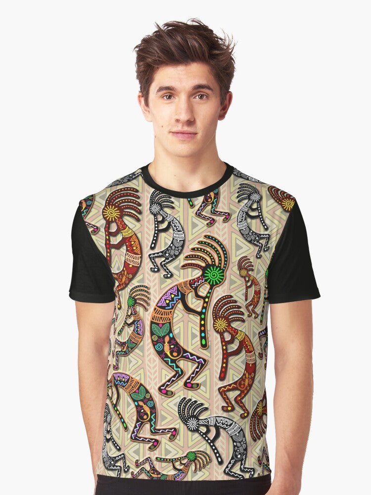 Kokopelli, a mythological trickster god from Native American culture, depicted in a tribal pattern design on a graphic t-shirt. - Men