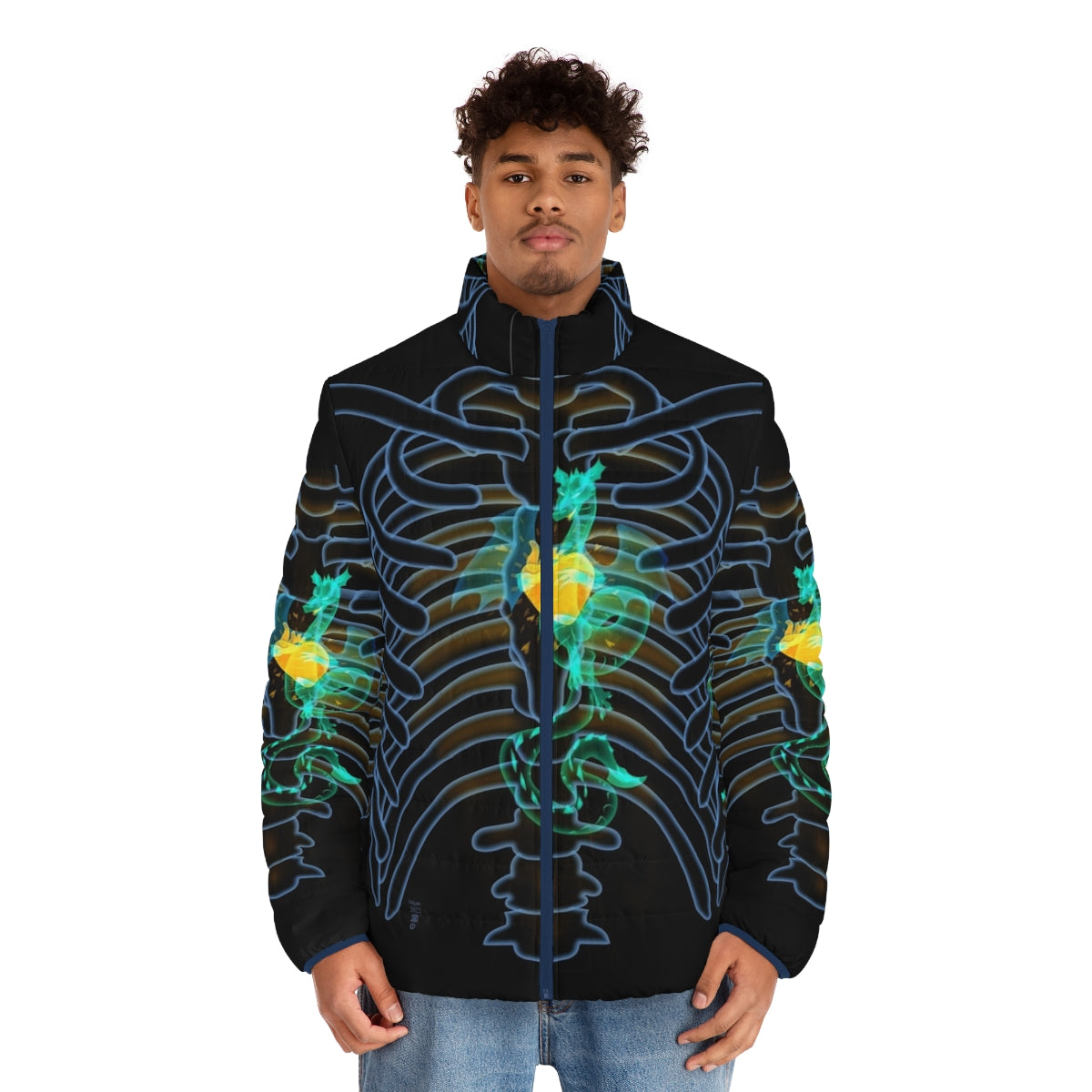 A man wearing a puffer jacket with a glowing dragon x-ray design on the chest - men front