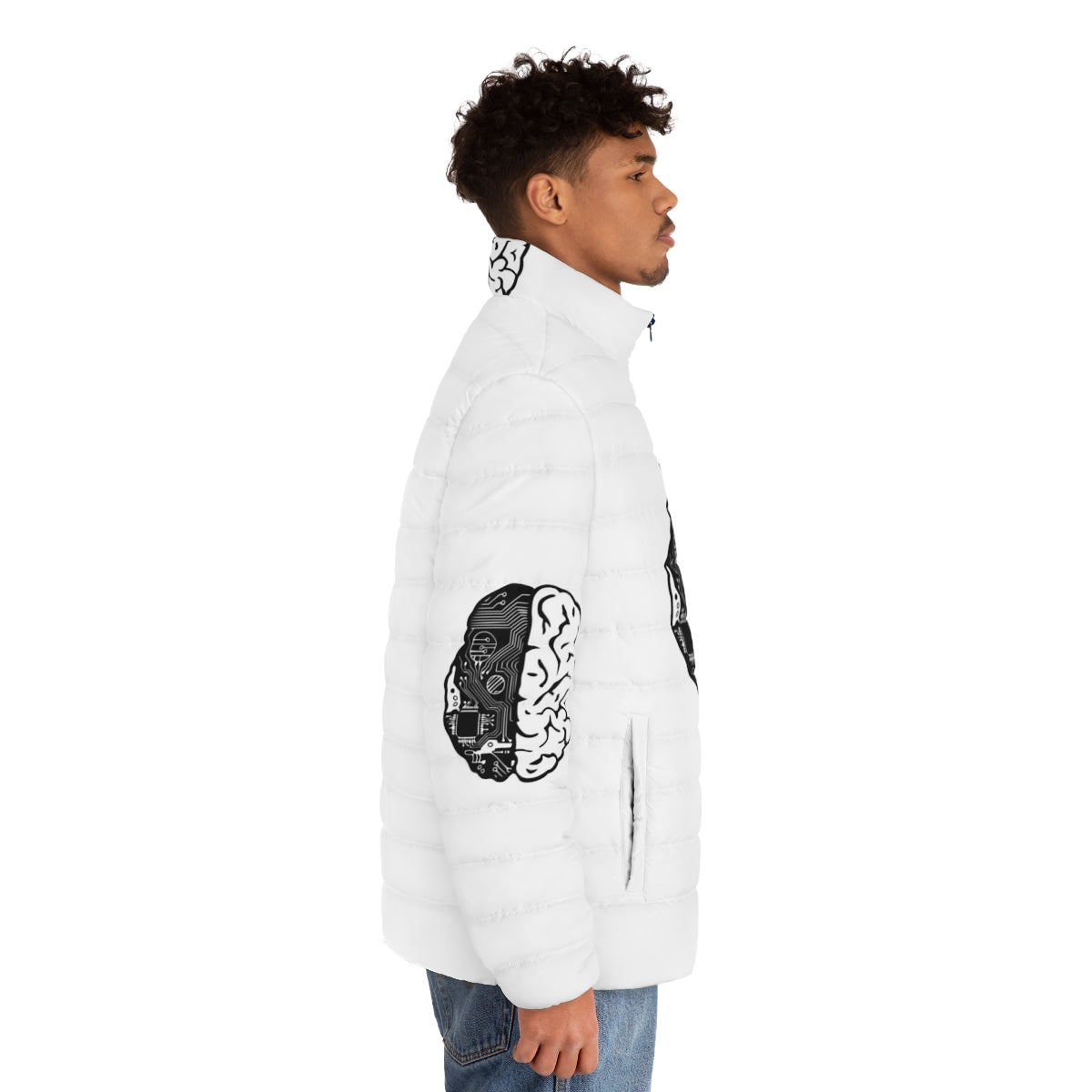 Coding Brain Puffer Jacket with binary code and programming-themed design - men side right