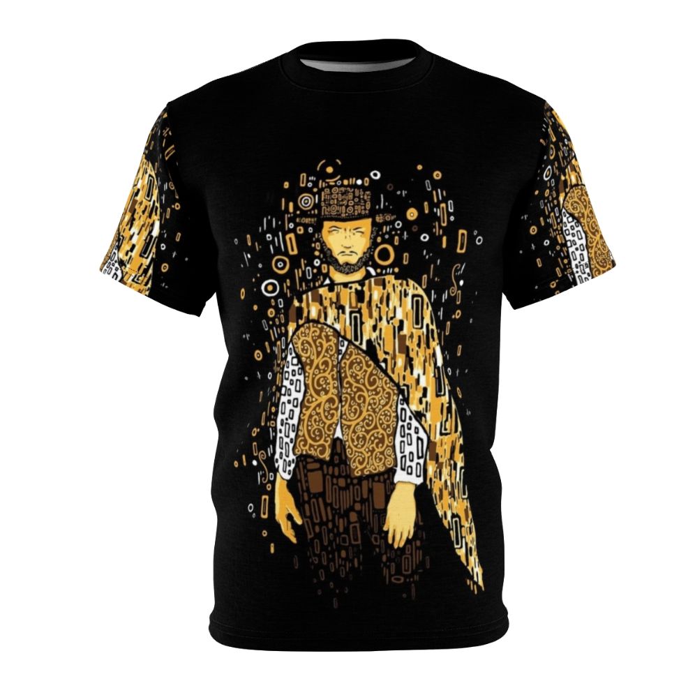 Vintage-inspired art nouveau t-shirt design featuring Clint Eastwood cowboy imagery in a golden, klimt-esque style