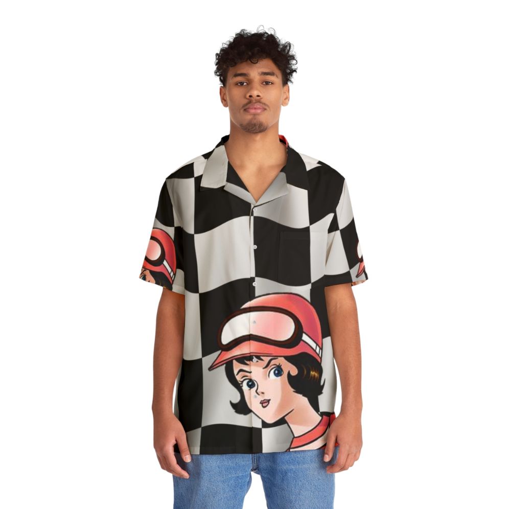 Speed Racer themed Hawaiian shirt with checkered flag design - People Front