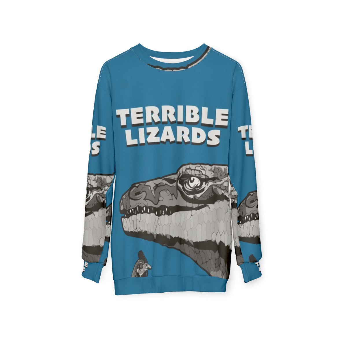 Prehistoric dinosaur sweatshirt with "Terrible Lizards" design - hanging