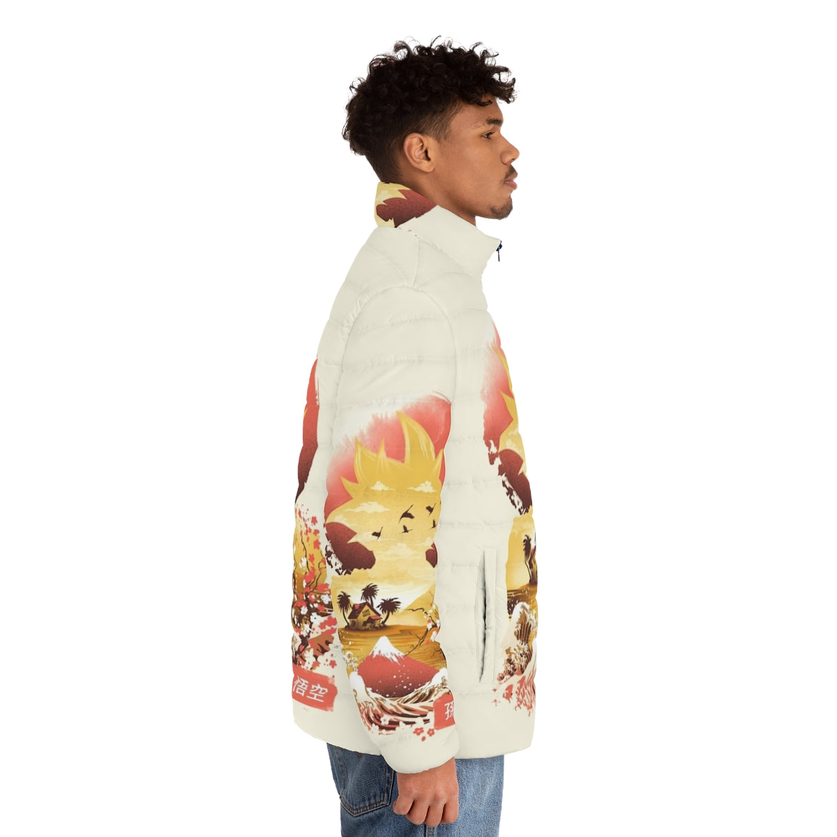 Ukiyo-E Super Saiyan Anime Puffer Jacket featuring Japanese art and Dragonball inspired design - men side right