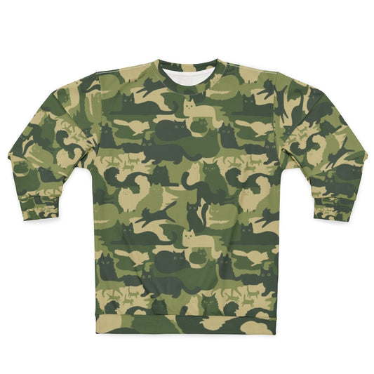 Green camouflage sweatshirt with cat silhouette pattern