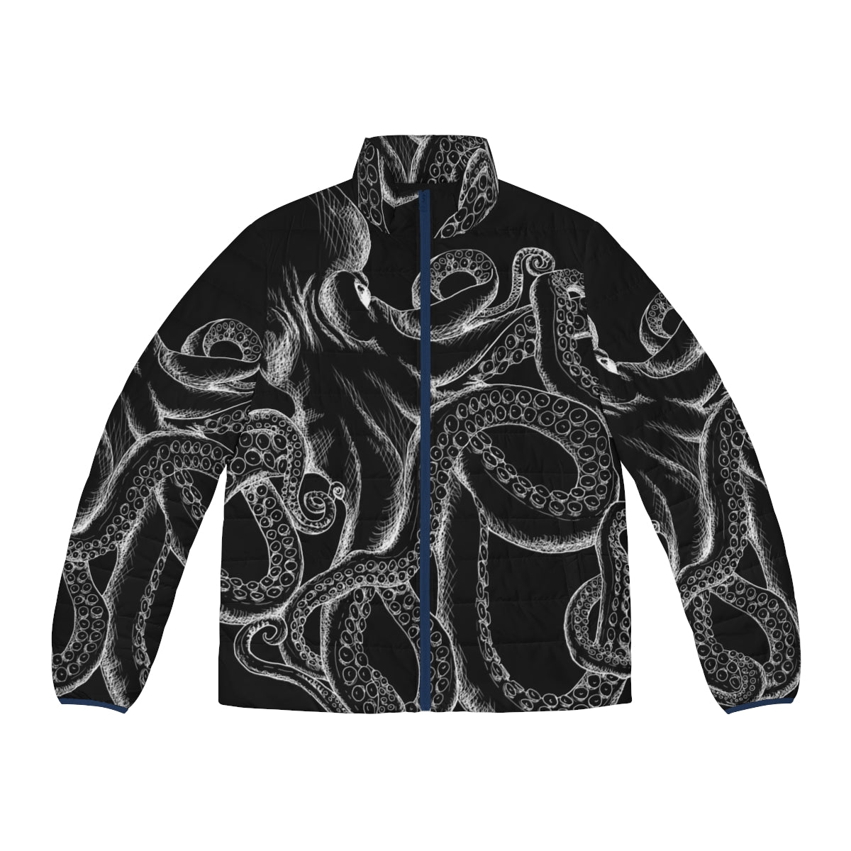 Octopus White Line Art Puffer Jacket - Minimalist Deep Sea Creature Design