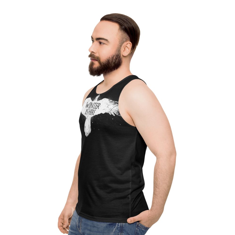 Winter Is Here Unisex Tank Top with White Raven Design - men side