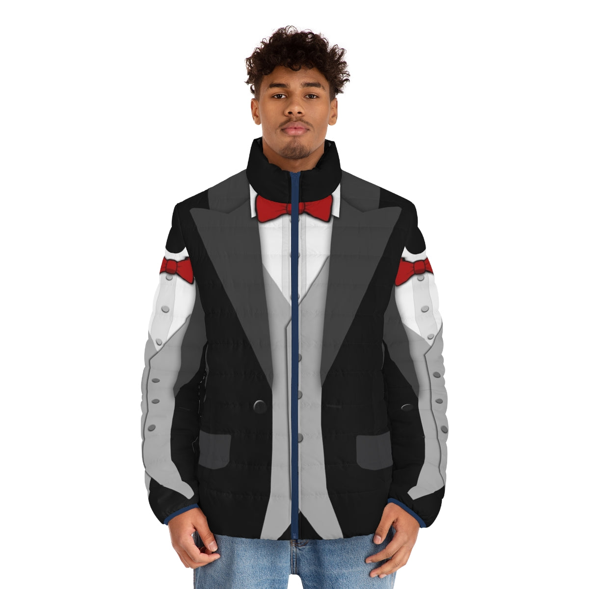 A black puffer jacket with a classic tuxedo look, featuring a red bowtie and vest for a unique formal style. - men front