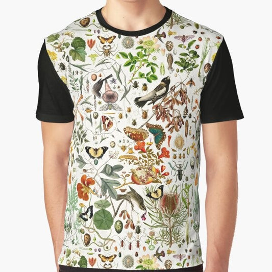 Detailed biology-inspired graphic t-shirt featuring a collage of nature elements like butterflies, birds, insects, and plants.