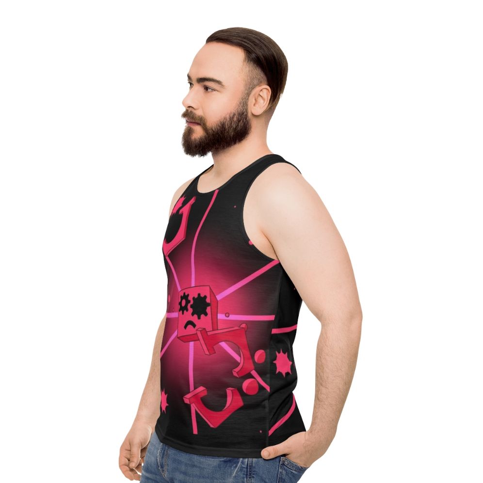 Video game inspired "Close to Me" unisex tank top with geometric and corrupted cube design in pink - men side